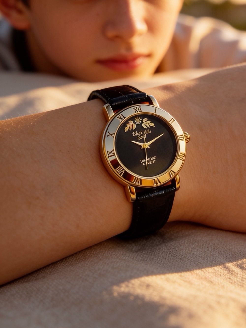 Ladies Black Hills Gold Diamond Watch Rose/Yellow Gold Leaves Black Leather